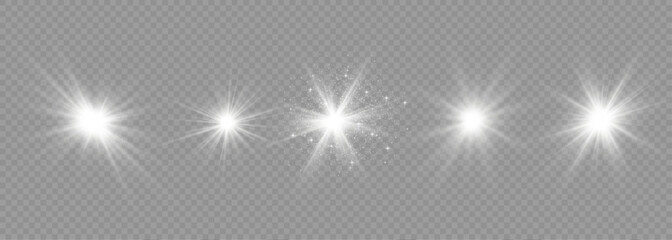 Sparkling stars, twinkling and flashing lights. Collection of various light effects on a black background. Realistic vector graphics