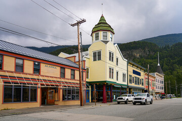Old city center of Skagway, Alaska - Vintage storefronts in the Klondike Gold Rush National Historic Park