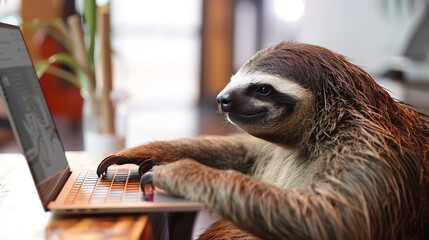 Naklejka premium Cozy sloth freelancer working on laptop at home, chilled and relaxed, slow life lifestyle.