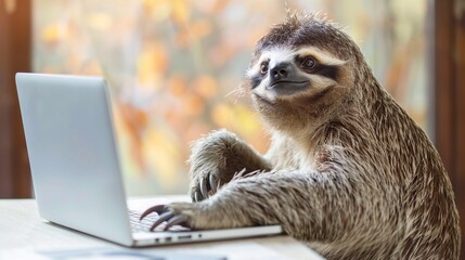 Obraz premium Cozy sloth freelancer working on laptop at home, chilled and relaxed, slow life lifestyle.