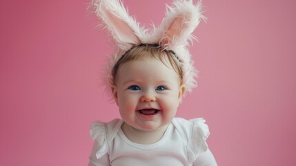 Happy cute toddler girl wearing bunny ears headband smiling and looking at the camera isolated on pink background with copy space, childhood party, birthday, zodiac, Easter concept.