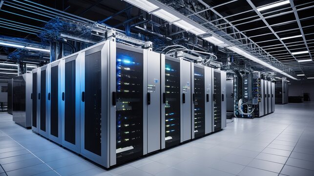Depict a state of the art data center with rows of server racks, cooling systems, and redundant power supplies