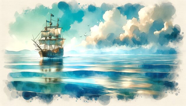 Sailing Ship on Tranquil Ocean with Cloudy Sky