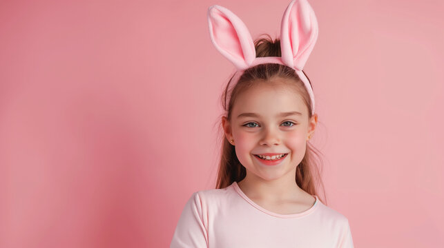  Portrait of nice cute sweet lovely fascinating charming cheerful positive girl wearing pink bunny ears headband copy empty blank space isolated over pink background, for Easter card and party.