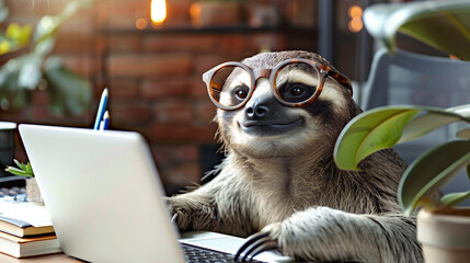 Cozy sloth freelancer working on laptop at home, chilled and relaxed, slow life lifestyle.