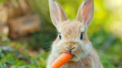 Cute bunny chewing carrot isolated on blurred spring outdoor background with copy space, concept of Spring Easter backgrounds, close up.