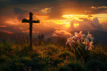 Easter sunrise with a cross and lilies, symbolizing the religious celebration of resurrection and new life. - obrazy, fototapety, plakaty