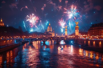 Envision a spectacular fireworks display over the Seine, celebrating the medalists' victories.  - obrazy, fototapety, plakaty