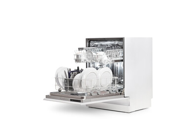 Open dishwasher with plates and cutlery