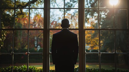 Fototapeta na wymiar Man Standing in Front of Large Window