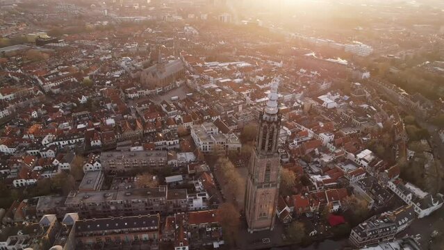 Aerial view of Amersfoort at spring season with the Lieve Vrouwe Tower, The Netherlands, Town Skylin