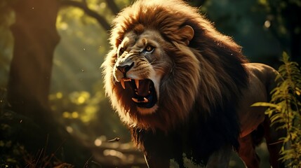 Fototapeta premium Majestic Roar: A Mighty Lion Asserting Its Dominance in a Dense Jungle