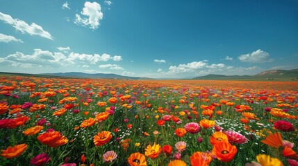 Colorful Field of Flowers Under Blue Sky