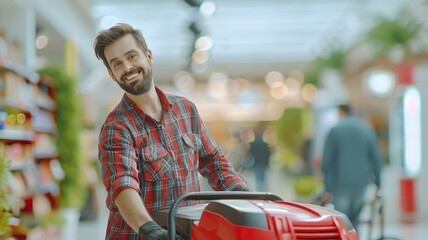 a man in a close-up shot as he purchases a lawn mower at an upscale department store, radiating satisfaction and contentment.