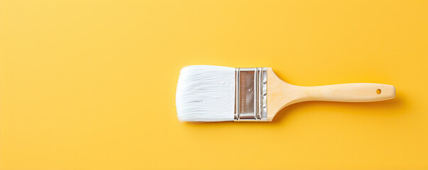 Paintbrush with white paint against yellow wall or background. - obrazy, fototapety, plakaty