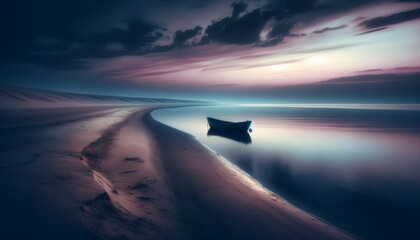 Beach Sunset with Calm Water and Anchored Boat - obrazy, fototapety, plakaty