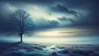 Fototapeta na wymiar Solitary Tree in a Serene Field at Twilight