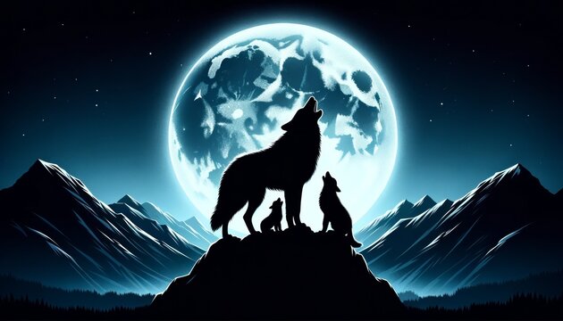 Two Wolves Howling Under a Full Moon