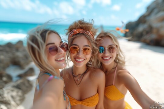 Three cheerful young women in sunglasses taking a selfie with a beautiful beach background, symbolizing friendship and vacation