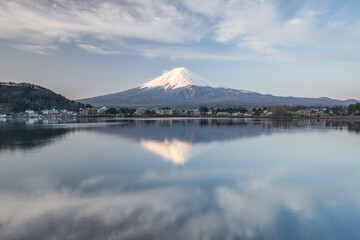 Reflection of Mount Fuji in Lake Kawaguchi, Fujikawaguchiko, Yamanashi Prefecture, Japan