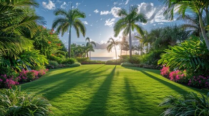 Lush Green Field With Palm Trees in Background