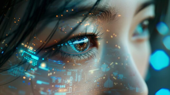 Close up of Asian woman's eye with futuristic circuitry and data