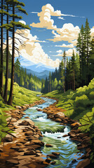 Mountain Stream in Forest Illustration

