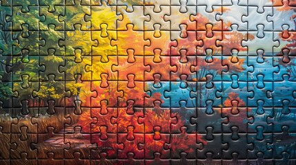 Jigsaw: A colorful jigsaw puzzle depicting a beautiful landscape