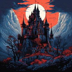 Moody Illustration of Dracula's Castle, Gothic Architecture Art