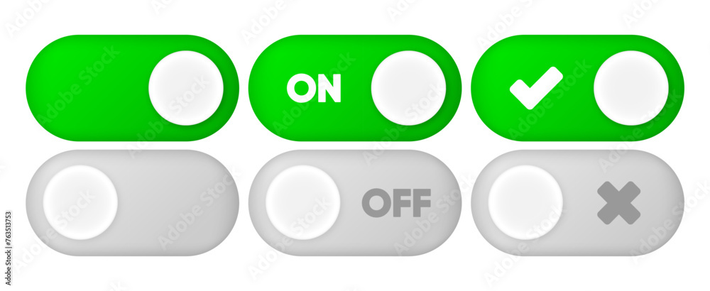 Poster on and off toggle switch buttons. modern user interface mockup. template button in green and grey co
