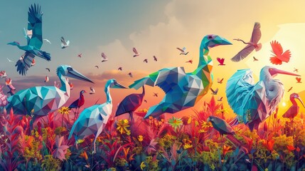 Modern low poly backdrop features geometric animals in dynamic ecosystem