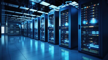 Depict a state of the art data center with rows of server racks, cooling systems, and redundant power supplies