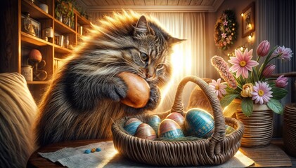 Cat midway through an Easter egg heist, fur bristling with excitement. The egg, a vibrant hue, contrasts beautifully against the cat's coat as it carefully maneuvers it out of the basket. - obrazy, fototapety, plakaty