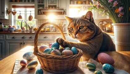 A high-quality photo capturing a cat in the act of stealing an Easter egg. The cat's eyes fixed on its target, paw extended towards a brightly colored egg. The basket sits on a kitchen counter