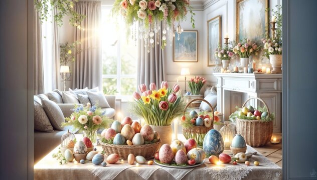 This enchanting photo captures the essence of a traditional Easter celebration. A table is elegantly set with an assortment of painted Easter eggs, both in bowls and on stands