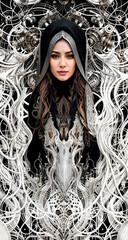 Woman wearing a black cape and body with mechanical details on a black and white background with a pattern of white circles and lines, highly detailed digital art, character portrait, gothic art.