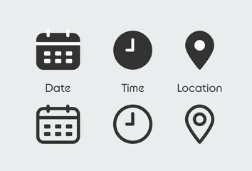 Date, time, location address icon set business sign template. Calendar, clock, locate place symbols.