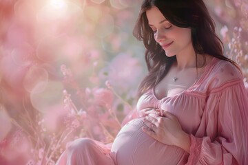 A woman is sitting in a pink dress and is pregnant. She is smiling