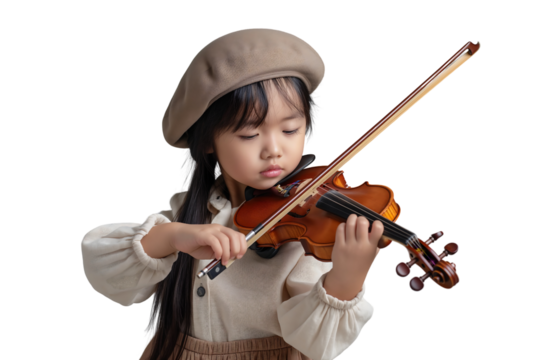 beautiful little girl plays the violin seriously isolated on a transparent background