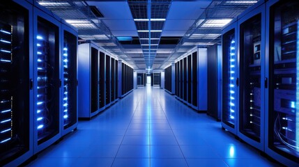 Depict a state of the art data center with rows of server racks, cooling systems, and redundant power supplies