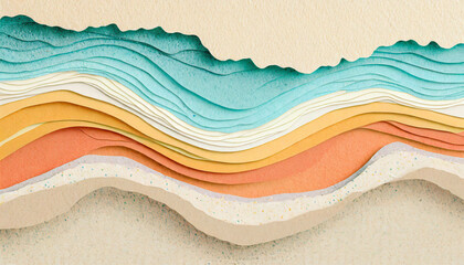 Fototapeta premium An abstract wavy beach layer background, in a cut paper collage style. Generative AI 