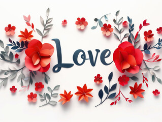Love. Illustration of red flowers on white background. Valentine's Day greeting card