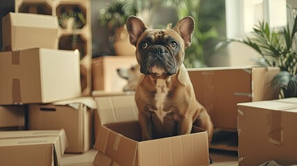pet moving into their new home, with their loyal bulldog sitting amidst cardboard boxes filled with household items, all bathed in soft, light colors.