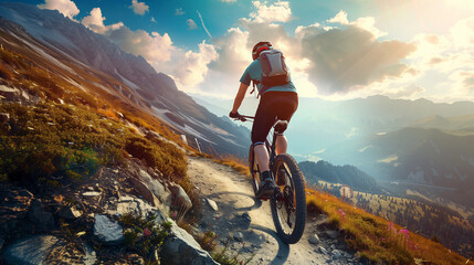 A man is riding a sportive e-bike up a steep mountainous dirt road - obrazy, fototapety, plakaty