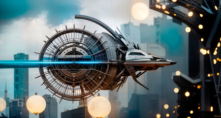 futuristic city with a futuristic flying machine in the foreground, retrofuturism. - obrazy, fototapety, plakaty