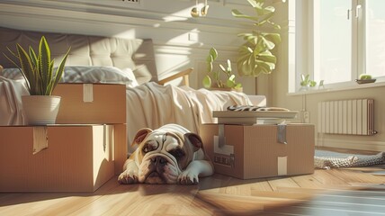 pet moving into their new home, with their loyal bulldog sitting amidst cardboard boxes filled with household items, all bathed in soft, light colors.