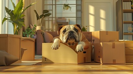 pet moving into their new home, with their loyal bulldog sitting amidst cardboard boxes filled with household items, all bathed in soft, light colors.