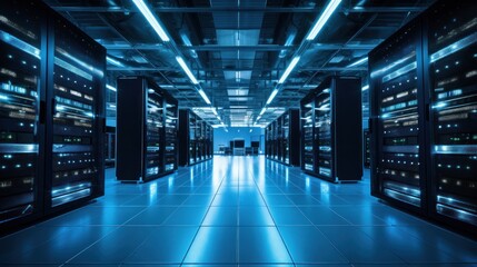 Fototapeta premium Depict a state of the art data center with rows of server racks, cooling systems, and redundant power supplies
