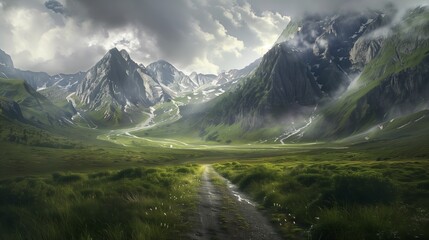 The road leads to the green mountains background