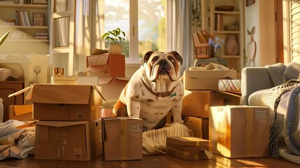 pet moving into their new home, with their loyal bulldog sitting amidst cardboard boxes filled with household items, all bathed in soft, light colors.